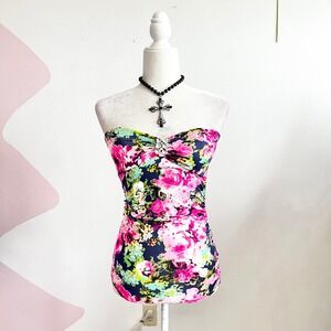 Vintage Y2K Tube Top Small Babydoll Floral Pink Blue‎ Strapless 2000s 90s